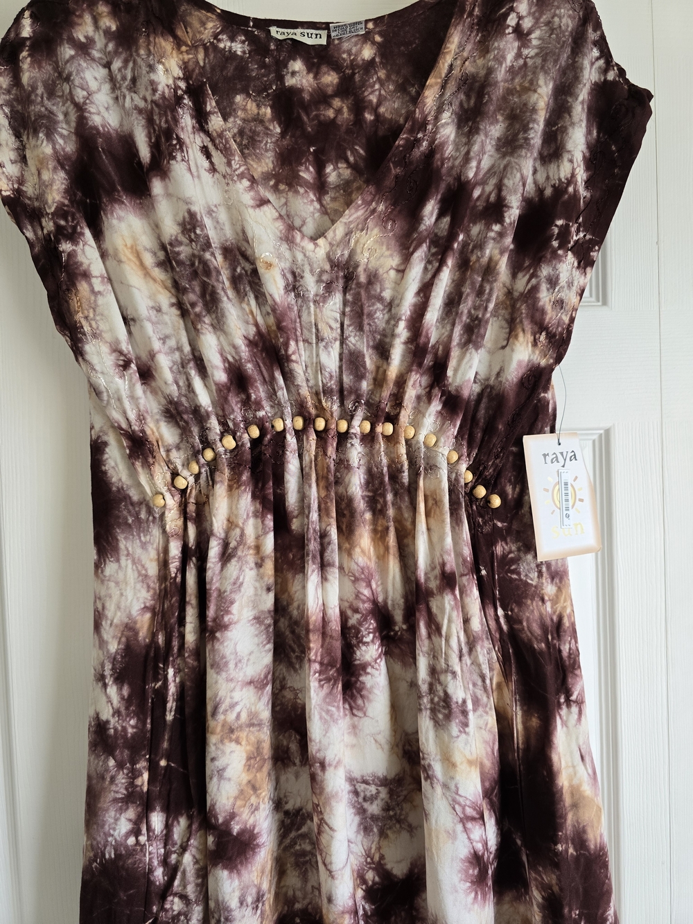 Raya Tie-Dye Beaded V-Neck Beach Cover Up Dress in Plum and Cream - Picture 11 of 16